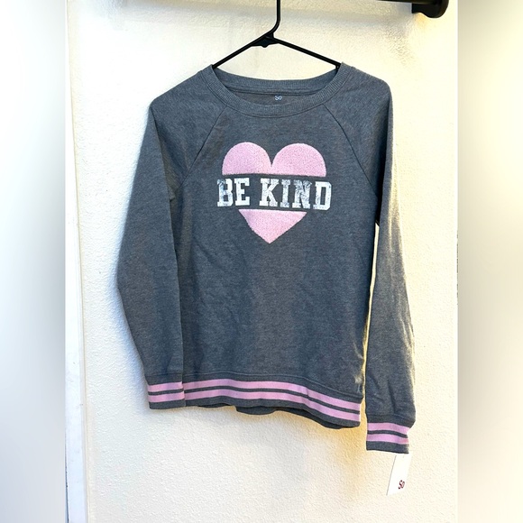 NWT So Girls 10/12 Be Kind Sweater Fuzzy Heart Pink/Gray - Picture 1 of 5